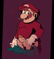 1boy balls blush boner brown_hair clothing erection facial_hair gay gay_male gloves hat heart male male_only mario mario_(series) moustache mxmanagement nintendo overalls overalls_down overweight pants_down penis shirt simple_background solo solo_male standing