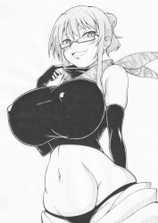 crop_top ha_jin huge_breasts light-skinned_female light_skin long_gloves looking_down medium_hair midriff monochrome navel nipple_bulge panties pencil_(artwork) ponytail rin_(senran_kagura) scarf senran_kagura sidelocks slit_pupils smile suzune_(senran_kagura)