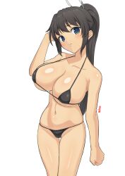 1girls artist_name bangs black_hair blue_eyes collarbone elun_(llelunlun) female homura_(senran_kagura) large_breasts long_hair looking_at_viewer micro_bikini ponytail senran_kagura simple_background solo standing tan_skin text white_background