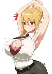 1girls angelica_rapha_redgrave armpits arms_up artist_name bangs belt blonde_hair bra cleavage elun_(llelunlun) eyebrows_visible_through_hair female hair_ornament huge_breasts light-skinned_female light_skin looking_down medium_hair office_lady otome_game_sekai_wa_mob_ni_kibishii_sekai_desu red_eyes shirt sidelocks simple_background sleeveless solo standing surprised text tie white_background