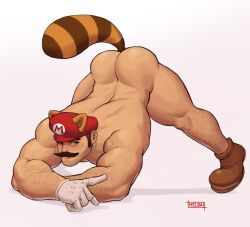 1boy animal_ears ass ass_focus ass_up facial_hair gay hat jack-o_pose male male_only mario mario_(series) moustache new_super_mario_bros._2 nintendo no_visible_genitalia nude raccoon_ears raccoon_mario raccoon_tail shoes solo solo_male tail white_background whyhelbram