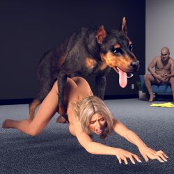 3d big_breasts blonde_female blonde_hair canine commentary comments daz_studio dobermann dog_show doggy_style from_behind_position hannah_palmer indoors instagram jollybizz model modelling observing onlyfans pain penetration pounding sex showing slim_waist social_media spectators text zoophilia