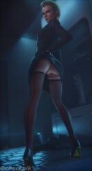 1girls 3d ass athletic athletic_female blonde_hair bubble_butt busty cd_projekt_red checkpik cyberpunk_2077 dat_ass female female_focus female_only full_body high_heels hourglass_figure long_hair makeup meredith_stout nylons pinup pinup_pose pussy rear_view skirt skirt_lift solo standing stockings tagme vagina wide_hips