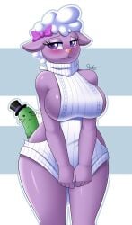 2017 blush bow_in_hair breasts drako1997 female female_focus furry happy_tree_friends lammy_(htf) mr._pickels_(htf) pickle purple_body purple_eyes sheep sweater thick_thighs thighs white_hair wide_hips wool_(fur)