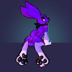 absurd_res anthro anus ass balls eyeliner fur genitals hi_res lagomorph leporid makeup male mammal pawpads presenting purple_body purple_fur rabbit rear_view red_eyes scarf simple_background solo tongue tongue_out twitch_cybul xing1