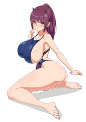 1girls artist_name bangs big_breasts blush demon_horns elun_(llelunlun) eyebrows_visible_through_hair female highres huge_breasts impossible_clothes kneeling kurou211 large_breasts light-skinned_female light_skin long_hair looking_at_viewer looking_back ponytail purple_hair red_eyes shadow sideboob simple_background solo swimsuit text thick_ass thick_thighs virtual_youtuber white_background yellow_eyes