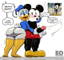 2023 2boys anthro black_body bootydox butt butt_crack cum cumming disney donald_duck ejaculation femboy feminine_male foreskin furry gay girly handjob large_penis male male_only mickey_mouse mous mouse mouth_open nude penis pornography questionable_consent reference_image sex tagme text text_bubble toony white_background white_body yaoi