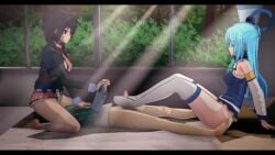 1boy 2girls 3d animated aqua_(konosuba) bazett blue_hair clothed clothed_female cum facesitting female foot_fetish foot_focus footjob footjob_with_legwear kono_subarashii_sekai_ni_shukufuku_wo! male mp4 no_sound orgasm_from_footjob satou_kazuma stockings tagme thighs video yunyun_(konosuba)