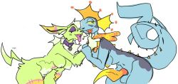 anthro balls blue_body blue_skin dijon_(guncht) duo eeveelution female fur generation_1_pokemon genitals green_body green_fur guncht gynomorph intersex jolteon nintendo open_mouth open_smile penis pokemon pokemon_(species) smile tapering_penis