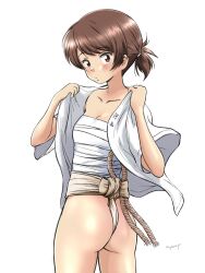 ass blush breasts brown_eyes brown_hair collarbone female fundoshi girls_und_panzer hiyama_yuu_(wee259hiyama) kawanishi_shinobu looking_at_viewer open_mouth ponytail sarashi short_hair signature simple_background small_breasts solo white_background yamakasa