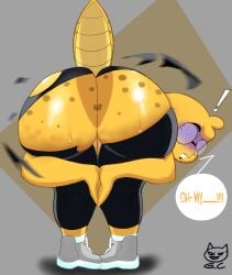 absurd_res alphys anthro ass bubble_butt butt_focus clothing dinosaur eyewear female female_only freckles genitals glasses gomezcat hi_res lipstick makeup monster pussy reptile ripped_clothing scalie sport surprised_face sweat undertale_(series) wardrobe_malfunction wet wide_hips