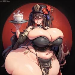 ai_generated big_breasts breasts cleavage cleavage_overflow genshin_impact hu_tao_(genshin_impact) huge_breasts iladiesart large_breasts tagme thick_thighs thighs