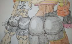 ass ass-to-ass ass_to_ass beefmaster big_ass bike_shorts black_hair body_markings clothed horse_girl huge_ass larger_female muscular muscular_back plasma_(beefmaster) smaller_female spats tail terracotta_(beefmaster) traditional_media_(artwork) white_hair zebra_girl