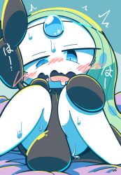 ass blue_eyes blush bodily_fluids female generation_5_pokemon genital_fluids hi_res humanoid japanese_text legendary_pokemon masturbation meloetta meloetta_(aria_form) nettsuu nintendo open_mouth pokemon pokemon_(species) pussy_juice solo text white_body