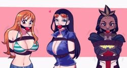 3girls big_breasts black_hair blue_eyes bondage brown_eyes crossover dark-skinned_female dark_skin female female_only heart illari_(overwatch) latina light-skinned_female light_skin long_hair looking_at_viewer nami nico_robin one_piece orange_hair overwatch overwatch_2 peruvian_female post-timeskip small_image unknown_artist unknown_source young younger_female