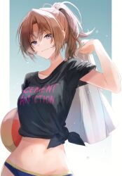 1girls beach_ball bikini_bottom black_shirt clothed female hibike!_euphonium looking_at_viewer nakagawa_natsuki ponytail tagme towel