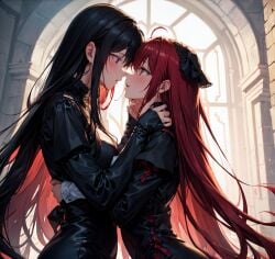 2girls ai_generated black_hair claire_kagenou female female_only kage_no_jitsuryokusha_ni_naritakute! kissing mary_(the_eminence_in_shadow) multiple_girls red_eyes red_hair self_upload stable_diffusion tagme the_eminence_in_shadow vampire yuri zat3rj3en