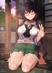 aquaegg black_hair blue_eyes blush breasts closed_mouth collarbone female girls_und_panzer glasses green_skirt indoors large_breasts looking_at_viewer miniskirt navel ooarai_school_uniform oryou_(girls_und_panzer) school_uniform skirt smile solo