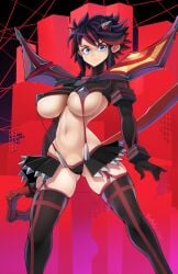 1girls besthetz big_breasts blue_eyes breasts dark_hair eye_contact gloves high_resolution huge_boobs huge_breasts kill_la_kill large_breasts looking_at_viewer matoi_ryuuko partially_clothed scissor_blade scissor_blade_(kill_la_kill) senketsu short_hair solo solo_female thick_thighs two_tone_hair