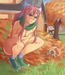 1girl 1girls blush blushing breasts crouching dog doki_doki_literature_club embarrassed embarrassed_female embarrassed_naked_female embarrassed_nude_female enf fall female grass halloween leaves monika_(doki_doki_literature_club) naked naked_female niftyrobo nude nude_female outside skeleton skull solo squat squating walking walking_dog walking_pet