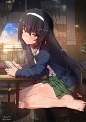 aquaegg barefoot black_hair blush book brown_eyes closed_mouth female girls_und_panzer green_skirt hairband indoors looking_at_viewer miniskirt navel ooarai_school_uniform reizei_mako school_uniform short_hair sitting skirt smile solo