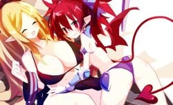 2girls ass bikini blonde_hair breasts cleric_(disgaea) demon_girl disgaea disgaea_rpg etna huge_breasts large_breasts looking_at_viewer multiple_girls nagisa_(disgaea) nippon_ichi_software pointy_ears red_hair saint_etna swimsuit thong wings