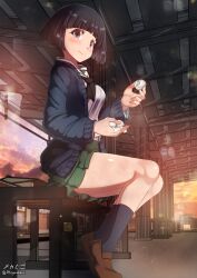 aquaegg black_hair black_socks blue_eyes blush breasts closed_mouth female food girls_und_panzer green_skirt miniskirt navel ooarai_school_uniform outdoors school_uniform short_hair sitting skirt small_breasts smile solo sono_midoriko train_station