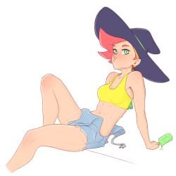 absurdres amanda_o'neill blush casual cutoff_jeans cutoffs female food green_eyes hat highres little_witch_academia looking_at_viewer midriff multicolored_hair navel orange_hair overall_shorts overalls overalls_removed popsicle pudgeruffian short_hair simple_background sitting solo sweat tomboy white_background witch_hat