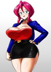 1girls alternate_version_available big_breasts black_skirt blue_eyes bottomwear breasts cleavage eyewear female female_only game_freak hair hand_on_hip hips huge_breasts kyugata looking_at_viewer lorelei_(pokemon) lorelei_(pokemon_anime) lorelei_(pokemon_frlg) mature mature_female pencil_skirt pokeball pokemon pokemon_frlg red_hair skirt smile solo solo_female thighs topwear