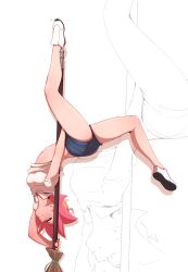 absurdres amanda_o'neill aqua_eyes bare_legs blue_shorts blush breasts broom commentary english_commentary female full_body highres legs little_witch_academia looking_at_viewer midriff naughty_face pink_hair pole_dancing pudgeruffian shoes short_hair short_shorts shorts small_breasts smile sneakers solo tomboy upside-down zoom_layer