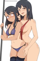 2girls animanghayodraw ass_grab big_breasts bikini black_hair breasts brown_eyes clothed clothing curvy female female_only hayase_nagatoro hi_res highres long_hair misaki_nagatoro multiple_girls please_don't_bully_me,_nagatoro pose revealing_clothes simple_background sisters small_breasts tan tan-skinned_female tan_body tan_skin tanned tanned_female wide_hips