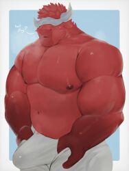 anthro bovid bovine cattle clothed clothing english_text erection erection_under_clothing freddyv7205172 hi_res male mammal muscular muscular_anthro muscular_male nipples red_body red_ears solo solo_male text topless topless_male