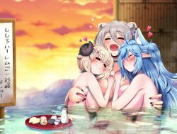 3girls :d comfortable comforting cuddle_pile cuddling cute happy heart holoforce hololive hololive_gen_5 hololive_japan large_breasts minominir minominir_(みのみに) naked nude onsen shishiro_botan smile tsunomaki_watame virtual_youtuber wholesome yukihana_lamy yuri