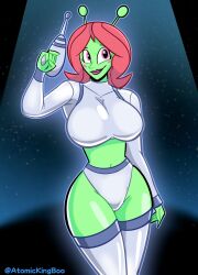 1girls alien alien_girl alien_humanoid antennae artist_name ass athletic athletic_female atomickingboo big_breasts big_hair breasts cleft_of_venus cropped_legs curvaceous curvy curvy_figure cute_face felicia_andrews felicia_lincoln female female_focus female_only fit fit_female front_view green-skinned_female green_skin highleg highleg_panties hips holding_pistol holding_weapon hourglass_figure humanoid large_ass large_breasts large_hair laser laser_pistol legs legwear long_hair original original_character pink_eyes red_hair slim slim_waist small_waist smiling solo toony upper_body waist watermark