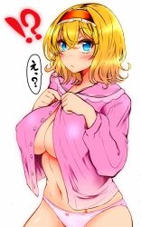 !? 1girls alice_margatroid belly_button blonde_hair blue_eyes blush breasts cleavage clothed large_breasts lolita_hairband looking_at_viewer navel nipples_visible_through_clothing no_bra open_clothes open_shirt panties pink_panties roki_(hirokix) short_hair solo touhou underwear yellow_hair