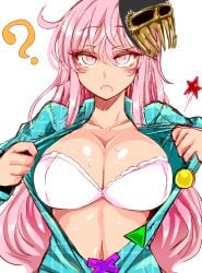 1girls ? belly_button bra breasts clothed collarbone geometric_shapes hata_no_kokoro large_breasts long_hair mask navel open_clothes open_mouth open_shirt pink_eyes pink_hair roki_(hirokix) solo sweat touhou