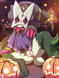 3:4 absurd_res anthro anus banette_(cosplay) biped bottomless clothed clothing costume detailed_background female fur generation_9_pokemon genitals green_body green_fur halloween hi_res holidays meowscarada nintendo pokemon pokemon_(species) pokemon_sv pussy sarox solo spooktober