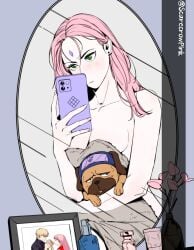 1girls canine female female_focus framed_picture green_eyes hatake_kakashi mirror mirror_selfie naruto naruto_(series) naruto_shippuden nude_selfie pakkun pet phone photo photo_(object) pink_hair sakura_haruno scarecrowpink selfie smartphone taking_picture