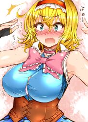 1girls alice_margatroid blonde_hair blue_eyes blush bow bra bra_peek breast_focus breasts choker clothed corset fingerless_gloves gloves large_breasts lolita_hairband open_mouth ribbon roki_(hirokix) short_hair sleeveless solo sweat touhou yellow_hair