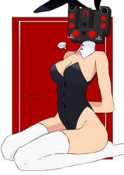 arms_behind_back blush bunny_ears bunnysuit camera collar daby2919 human_skin kneeling_on_ground light-skinned_female object_head seductive skibidi_toilet solo_female speaker speaker_head speech_bubble thighhighs titan_speakerman white_legwear wide_hips