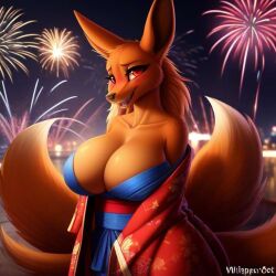 ai_generated anthro ass big_ass big_breasts breasts butt canid canine curvaceous curvy curvy_figure embarrassed female female_kurama_(naruto) fireworks fox kimono kurama naruto naruto_shippuden nine_tailed_fox rule_63 smile thick_thighs voluptuous voluptuous_female wide_hips