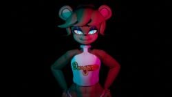 bear blender blue_eyes blue_light brown_body brown_hair brown_skin five_nights_at_freddy's fnaf freddy_(fnaf) fredina's_nightclub fredina_(cally3d) frenni_(cryptia) frenni_fazclaire looking_at_viewer petru red_light smile smiling t-shirt thick_thighs