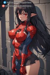 1girls ai_generated ai_hands black_hair cosplay elf elf_ears elf_female female female_only gamarjobson light-skinned_female light_skin looking_at_viewer marvel red_eyes seductive spider-girl_(cosplay) spider-man_(series)