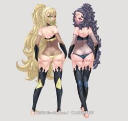 2girls :3 alternate_costume alternate_hairstyle ass ass_hold back back_view bare_back bare_thighs barefoot big_ass black_hair blonde_hair blue_panties bodystocking celine_(fire_emblem) cosplay crazzeffect facial_mark facial_tattoo female female_only fire_emblem fire_emblem_engage fire_emblem_fates full_body grabbing_own_ass green_eyes grey_background hair_between_eyes long_hair looking_at_viewer looking_back mouth_veil multiple_girls nintendo nyx_(fire_emblem) nyx_(fire_emblem)_(cosplay) panties pink_eyes ponytail presenting presenting_ass presenting_hindquarters see-through smile tattoo thighhighs thighs toeless_legwear underwear veil very_long_hair wavy_hair yellow_panties