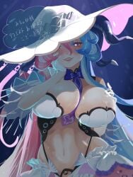 1girls abyss_song_syndrome belly_button blue_hair blush breasts clothed clothing female female_only gloves hat heart-shaped_pupil huge_breasts japanese_text light-skinned_female light_skin looking_at_viewer monster_girl pink_hair purple_eyes solo symbol-shaped_pupil tentacle tentacle_hair text tg_t_gt trillionstage two_tone_hair underwater virtual_youtuber water white_gloves yandere