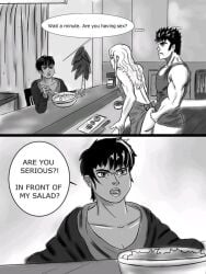 1girls 2boys 2boys1girl athletic berserk black_hair casca cheating cheating_boyfriend cheating_husband cheating_male clothed_female completely_nude_male cucked cuckquean cuckqueaning dialogue female female_humiliation gay gay_sex greyscale griffith guts_(berserk) human interrupted male meme monochrome muscular muscular_male netorare netorare_to_female ntr nude nude_male parody salad sex short_hair text white_hair yaoi