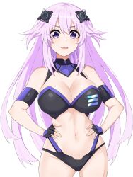 adult_neptune bare_shoulders breasts cleavage d-pad_hair_ornament fingerless_gloves front_view hands_on_hips light-skinned_female looking_at_viewer neptunia_(series) open_mouth pink_hair purple_eyes simple_background skimpy solo very_long_hair zatsu