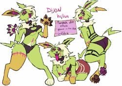 1girls anthro ass breasts cute_fang dijon_(guncht) eeveelution epilepsy_warning eyeshadow fang female generation_1_pokemon glowing green_sclera guncht jolteon model_sheet nintendo nipples panties pawpads pokemon pokemon_(species) pronouns solo underwear