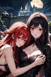 2girls ai_generated black_hair breast_grab breasts claire_kagenou female female_only kage_no_jitsuryokusha_ni_naritakute! leaning_on_shoulders mary_(the_eminence_in_shadow) multiple_girls red_eyes self_upload stable_diffusion the_eminence_in_shadow vampire yuri zat3rj3en