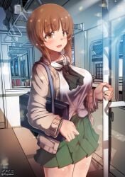 aquaegg bag blush breasts brown_eyes brown_hair collarbone covered_erect_nipples female girls_und_panzer green_skirt large_breasts looking_at_viewer miniskirt navel nishizumi_miho ooarai_school_uniform open_mouth school_uniform short_hair skirt smile solo train_interior